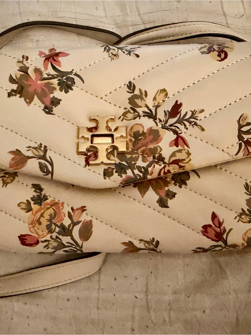 Tory Burch Cream Quilted Floral Crossbody with Gold Logo